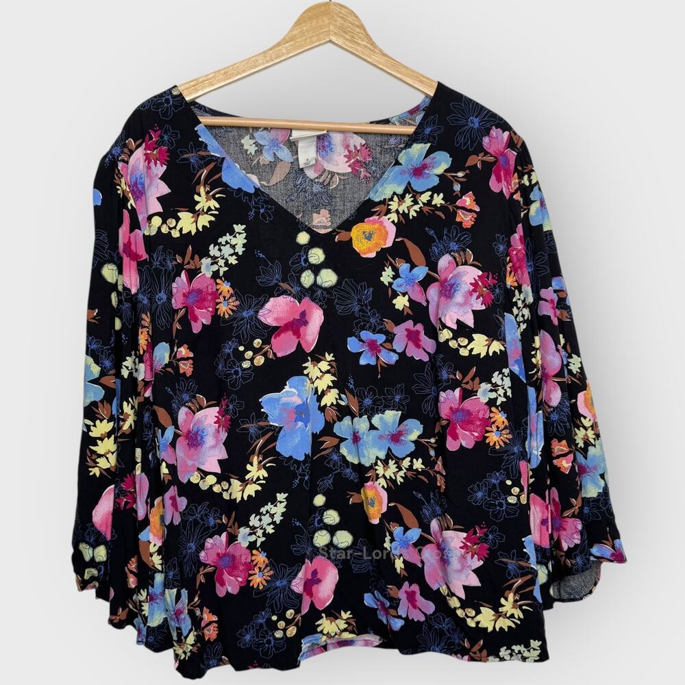 Ava and Viv Floral Blouse Size 14 Black Bell Sleeve Tunic Boho